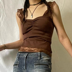 Aiertu  Vintage Brown Crop Tops Lace Patchwork Sleeveless Shirt Vest Summer Open Back Slim Fit Tank Tops Women Fairy Grunge Y2k Camis Aiertu