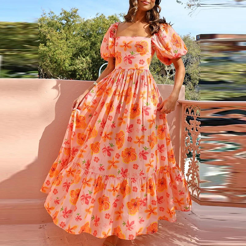 Aiertu  -  Elegant Floral Print High Waisted Dress New 2024 Fashion Square Neck Pleated Holiday Dress Women Casual Puff Sleeve Party Dress Aiertu