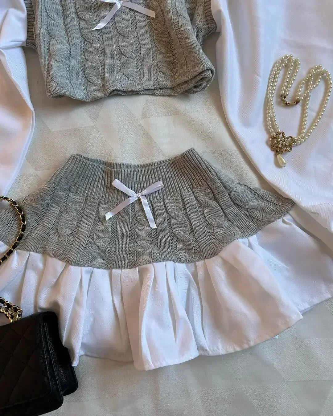 Aiertu  -  American Sweater Skirt Suit Two Piece Harajuku Women Fashionable V Neck Vest Striped Knitted Stitching Sexy Mini Skirt Short Top Aiertu