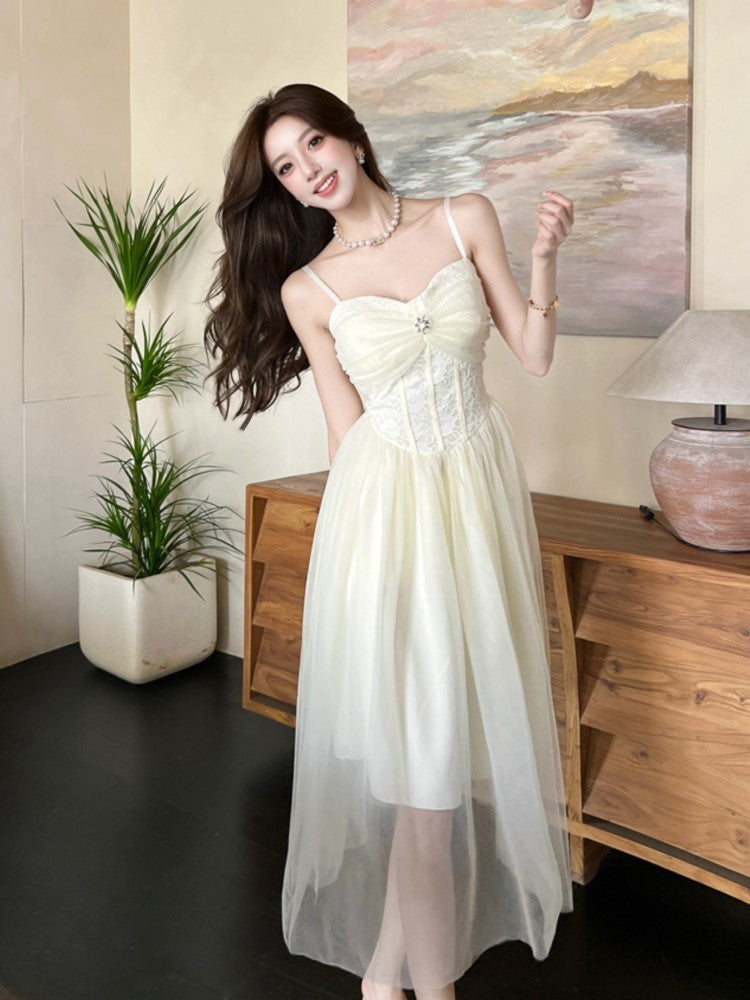Aiertu  Women Summer Elegant Lace Mesh Slimming Sleeveless Princess Suspender Dresses Holiday Beach Sundress Evening Party Wedding Dress Aiertu