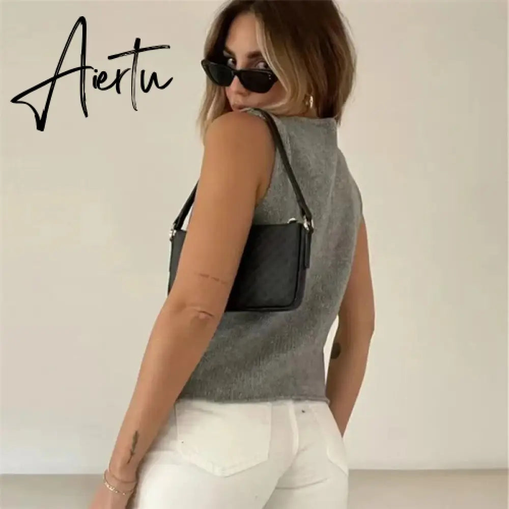 Female Hollow Out Knit Cardigan Sexy Sleeveless Baggy High Street Tank Top Summer V-Neck Slim Fashion Women Vest Y2k Top Aiertu