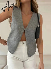 Female Hollow Out Knit Cardigan Sexy Sleeveless Baggy High Street Tank Top Summer V-Neck Slim Fashion Women Vest Y2k Top Aiertu
