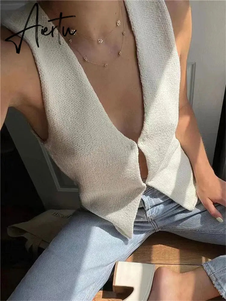 Female Hollow Out Knit Cardigan Sexy Sleeveless Baggy High Street Tank Top Summer V-Neck Slim Fashion Women Vest Y2k Top Aiertu