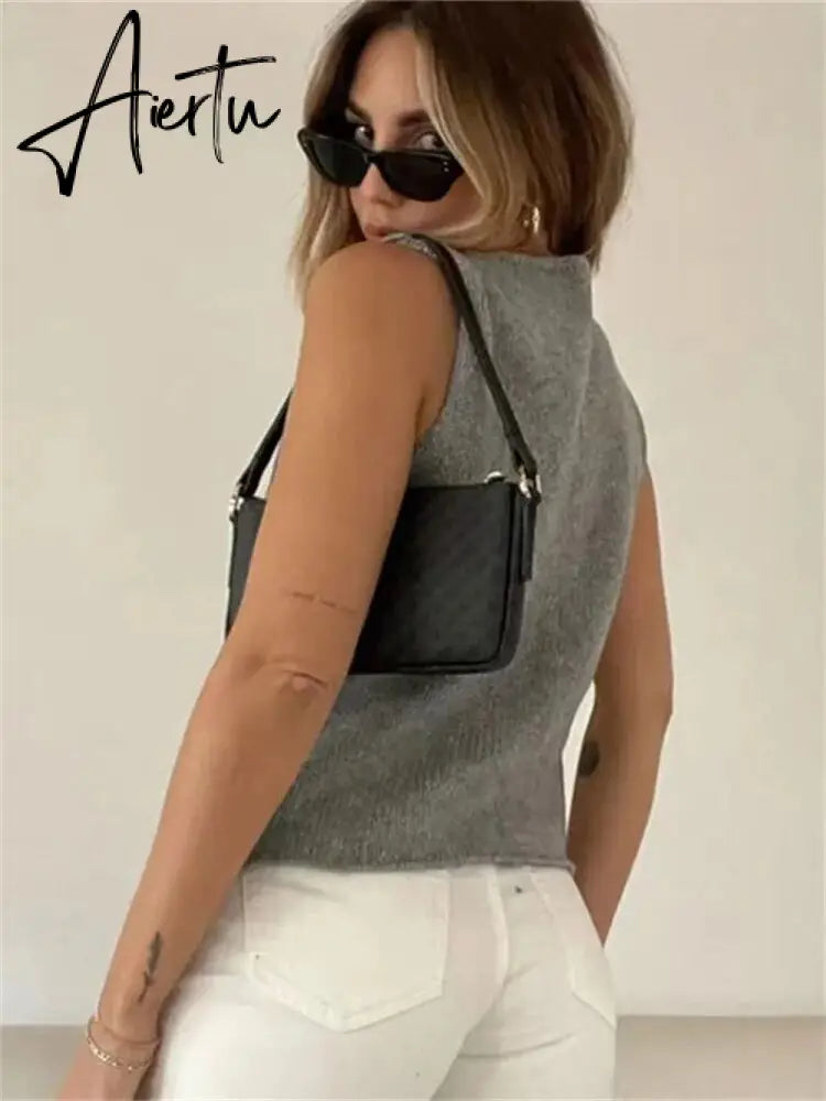 Female Hollow Out Knit Cardigan Sexy Sleeveless Baggy High Street Tank Top Summer V-Neck Slim Fashion Women Vest Y2k Top Aiertu