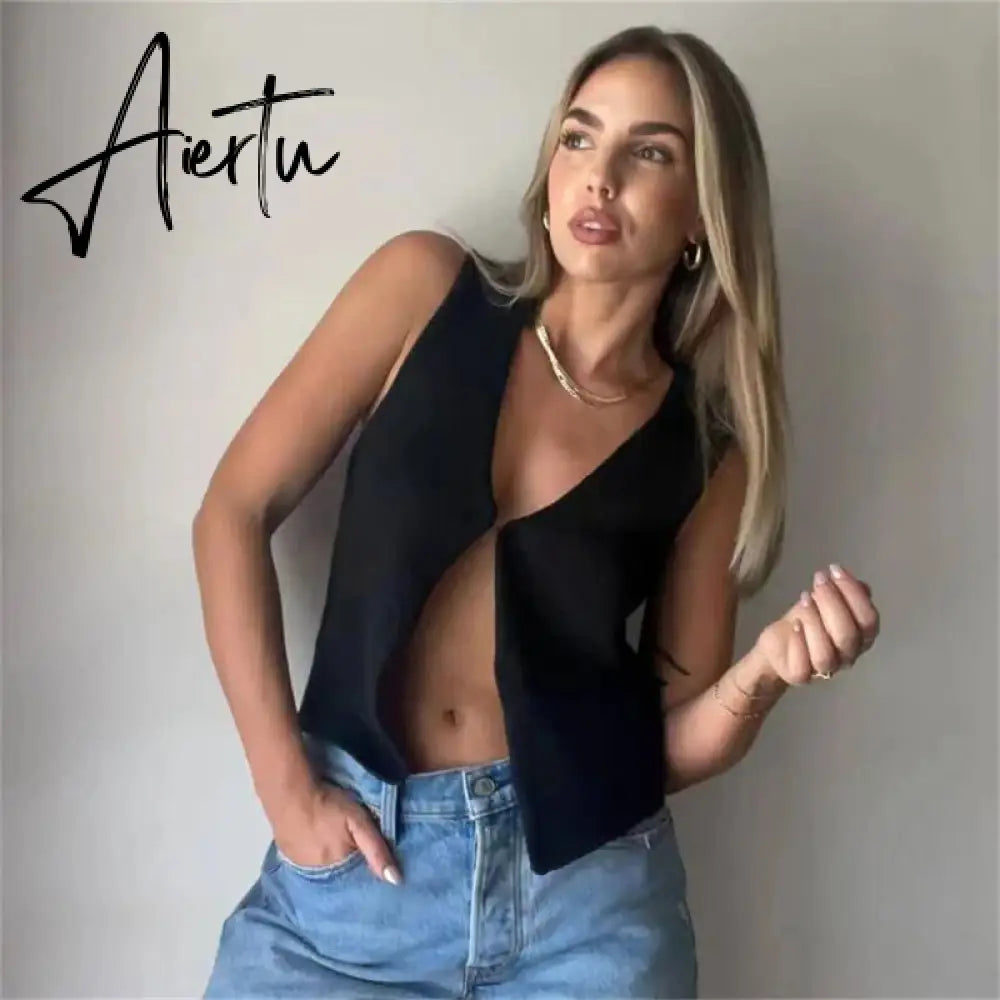 Female Hollow Out Knit Cardigan Sexy Sleeveless Baggy High Street Tank Top Summer V-Neck Slim Fashion Women Vest Y2k Top Aiertu