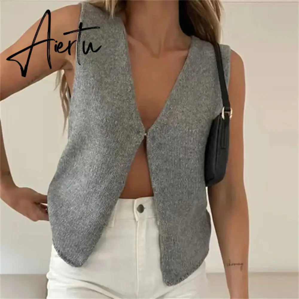 Female Hollow Out Knit Cardigan Sexy Sleeveless Baggy High Street Tank Top Summer V-Neck Slim Fashion Women Vest Y2k Top Aiertu