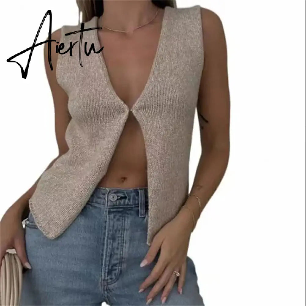 Female Hollow Out Knit Cardigan Sexy Sleeveless Baggy High Street Tank Top Summer V-Neck Slim Fashion Women Vest Y2k Top Aiertu