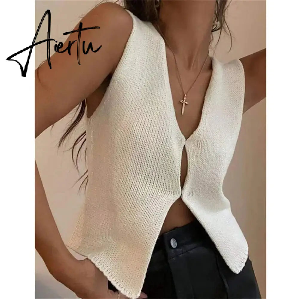 Female Hollow Out Knit Cardigan Sexy Sleeveless Baggy High Street Tank Top Summer V-Neck Slim Fashion Women Vest Y2k Top Aiertu