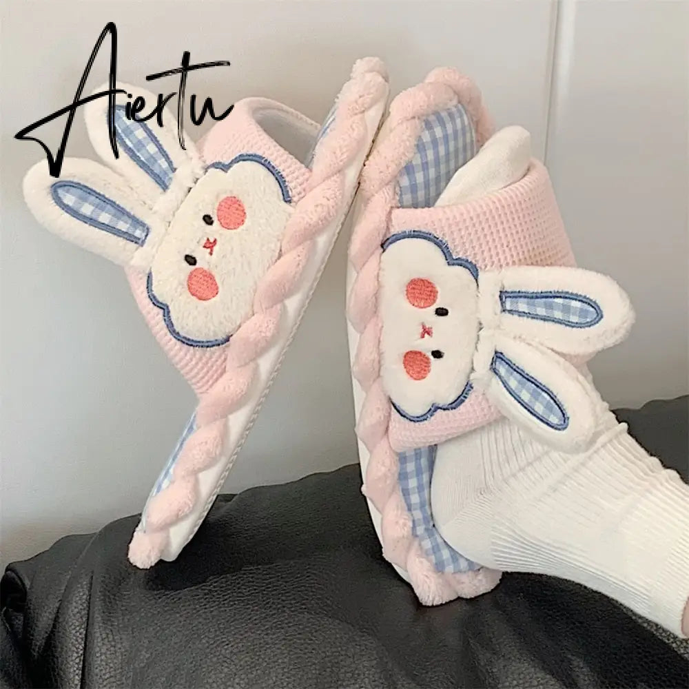 Female Spring and Summer Cute Girl Heart Rabbit Linen Sandals Student Home Bedroom Four Seasons Mute Cotton Linen Women Slipper Aiertu