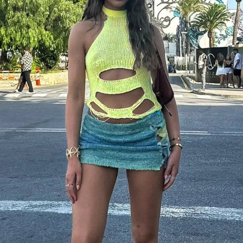 Aiertu  -  party look snspos 2024 Rave Party Holiday Street 2Pcs Matching Outfits Hottie Girls Hole Tank Top+Gradient Half Skirt Sexy Irregular Chic Set Aiertu