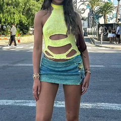 Aiertu  -  party look snspos 2024 Rave Party Holiday Street 2Pcs Matching Outfits Hottie Girls Hole Tank Top+Gradient Half Skirt Sexy Irregular Chic Set Aiertu