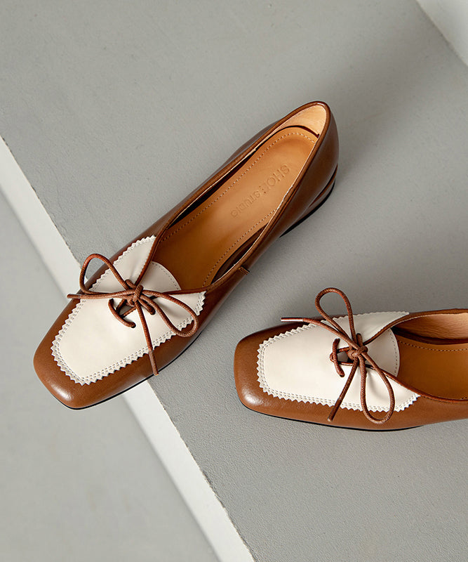 Aiertu  Original Design Brown Cowhide Leather Lace Up Splicing Flats Aiertu