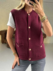 Aiertu  -  Trendix Vintage Knit Cardigan Vest Women Winter Fashion Sleeveless Button Pocket Tank Top Femme Solid Casual Knitwear Streetwear Aiertu