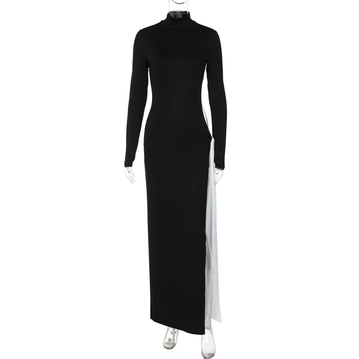Aiertu  -  Turtleneck Sexy High Slit Contrast Color Ribbon Dress Lady Fashion Hollow Long Sleeve Elegant Party Maxi Dress Streetwear Aiertu