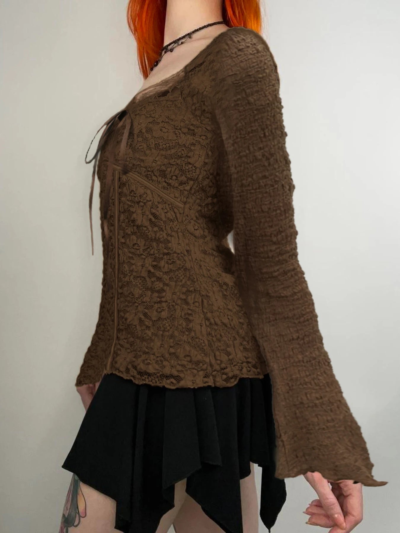 Aiertu  -  layered look inspo Brown Sexy Pleated Long Sleeve T-Shirt for Women Square Neck Semi-see-through Casual Aesthetic Vintage Tops Y2k Clothes Aiertu