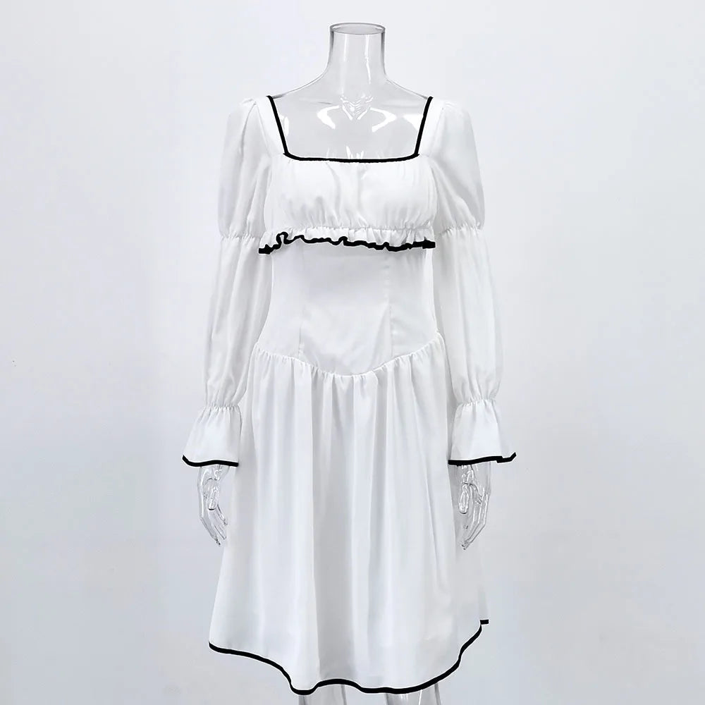 Aiertu  -  White Elegant A-line Mini Dress Women 2025 New Spring Square Collar Long Sleeve Vestidos High Waist Casual Fashion Short Dresses Aiertu