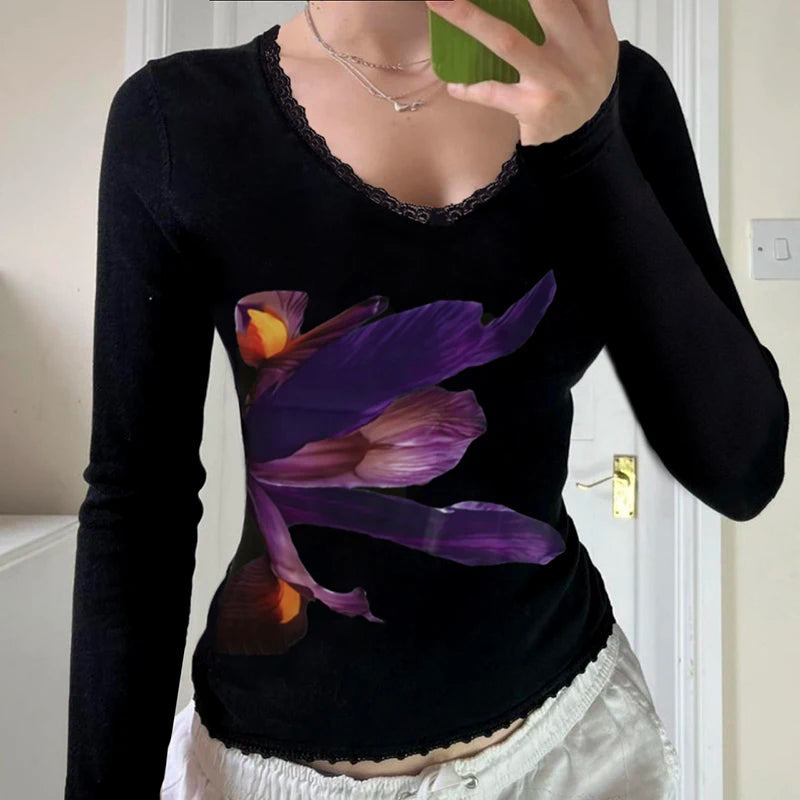 Aiertu  -   Y2K Long Sleeve T-shirt Floral Print Elegant Women Fitted Cropped Top Spring Fashion Vintage Street Tee Shirt Outfits Aiertu