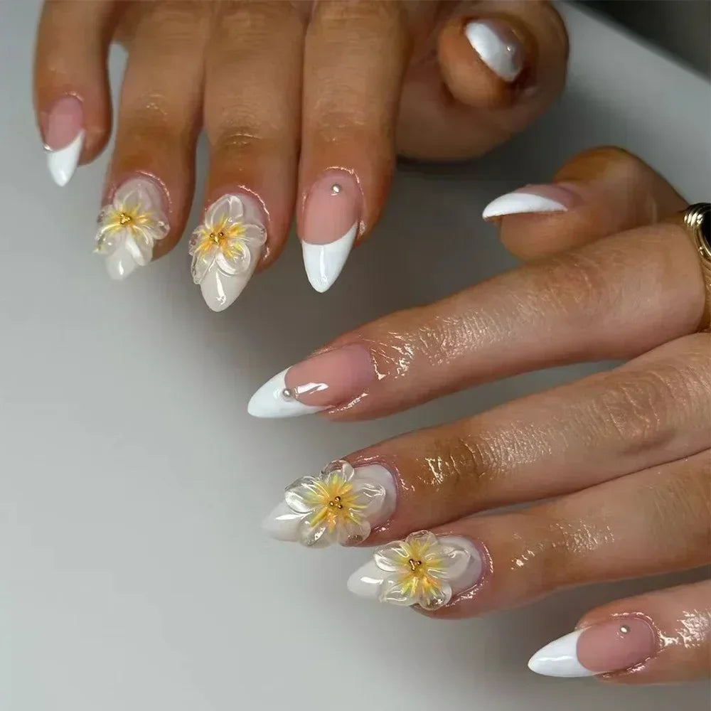 Aiertu 24Pcs Pink Almond French Press on Nails With 3D Bow ripple charms Design Fake Nails Ballerina False Nails Full Cover Nail Tips Aiertu