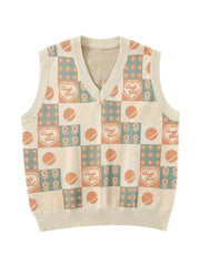 Aiertu  -   Kawaii Preppy Style Sweater Vest Y2k Women Sweet Pink Loose Floral V-Neck Knitted Pullover Sleeveless Plaid Outerwear Aiertu