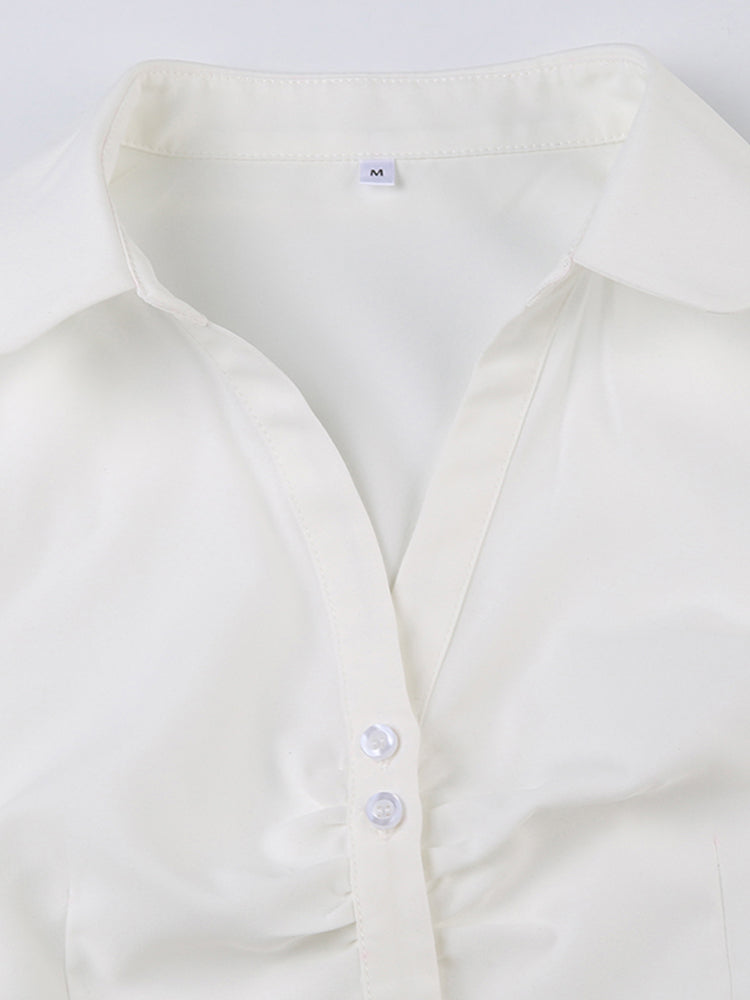 Aiertu - summer inspo Solid Shirring Button Up Turn Down Collar Short Sleeve White Shirts Women Simple Casual Summer Clothes Aiertu