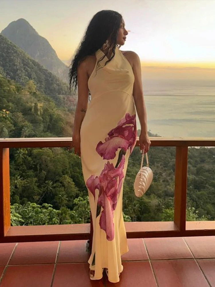 Aiertu  -  Retro Print Hang Neck Long Dress Women Elegant Sleeveless Backless Female Dresses Summer Sexy Slim Lady Evening Party Robe Aiertu