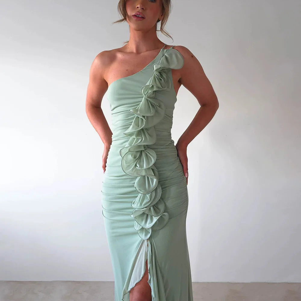Aiertu  -  Chic Diagonal Collar Ruffles Asymmetrical Long Dress Women Summer One Shoulder Sleeveless Backless Split Vacation Party Dresses Aiertu
