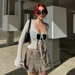 Aiertu  -  Crew Neck Sheer Mesh Low Cut Long Sleeves Bandage Lace Up T-Shirt Crop Top Spicy Girl Vintage Fashion Autumn Streetwear Aiertu