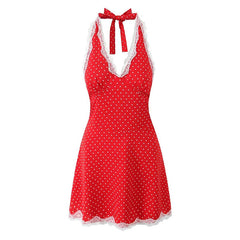 Aiertu  -  Sexy Backless Lace Patchwork Halter Dress For Women A-line Mini Holiday Summer Dresses French Style Polka Dot Short Robe Aiertu