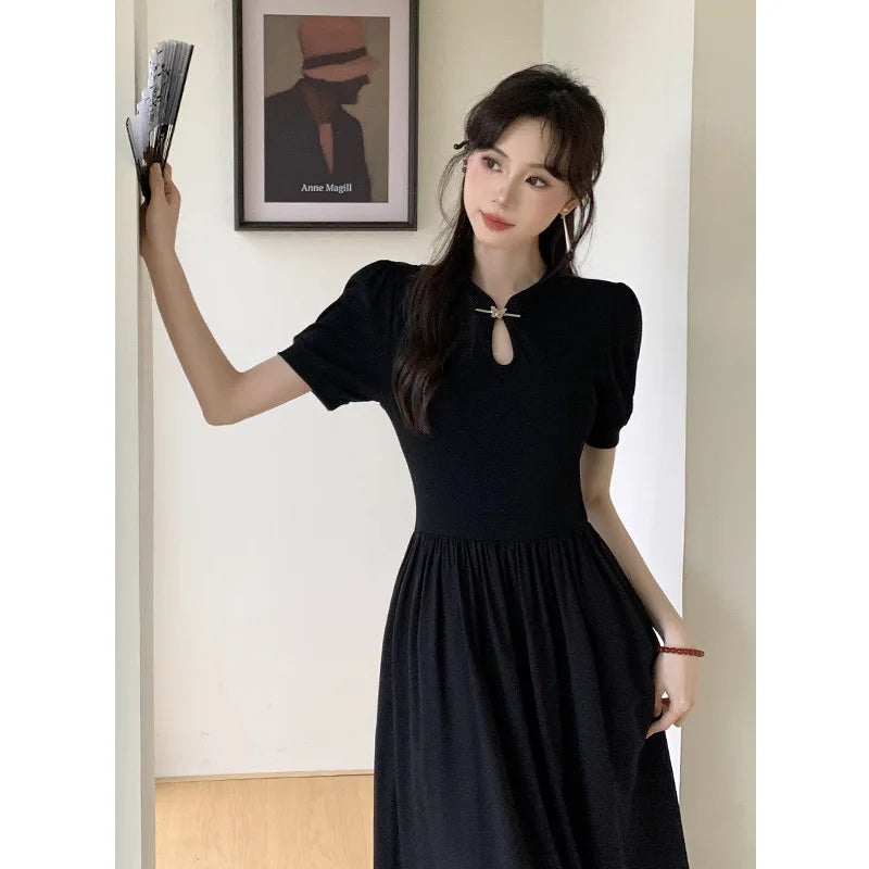 Aiertu  Slimming High Waist Pure Color Butterfly Buckle Small Stand Collar Summer New Style Traditional Chinese Fashion Dress Aiertu