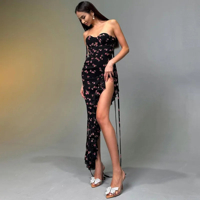 Aiertu  -  Hot Selling Women's Summer New Product Fashionable Printed Sexy Mesh Lace Lace Up Dress Aiertu