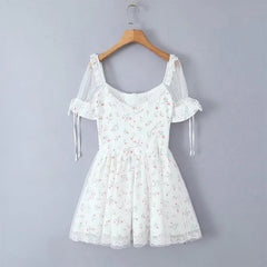 Aiertu  -  Sexy Off Shoulder Floral Print Mini Dresses For Women Short Sleeve Low Waist Holiday Summer Dress Lace Up Elegant Party Robe Aiertu