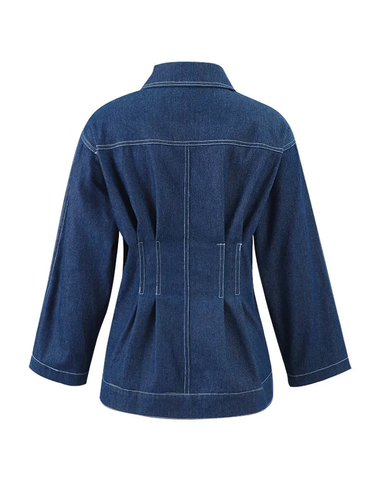 Aiertu  -  Vintage Blue Denim Women's Shirts Slim Lapel Long Sleeve Waist Up Zipper Button Jacket Fashion High Street Female Commuting Tops Aiertu