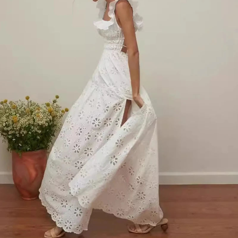 Aiertu  -  New Temperament Square Neck Women Long Dress Fashion Sleeveless Ruffle Holiday Dress Casual Lace Hollow Split High Waisted Dress Aiertu