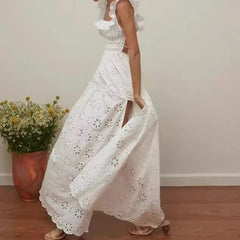 Aiertu  -  New Temperament Square Neck Women Long Dress Fashion Sleeveless Ruffle Holiday Dress Casual Lace Hollow Split High Waisted Dress Aiertu