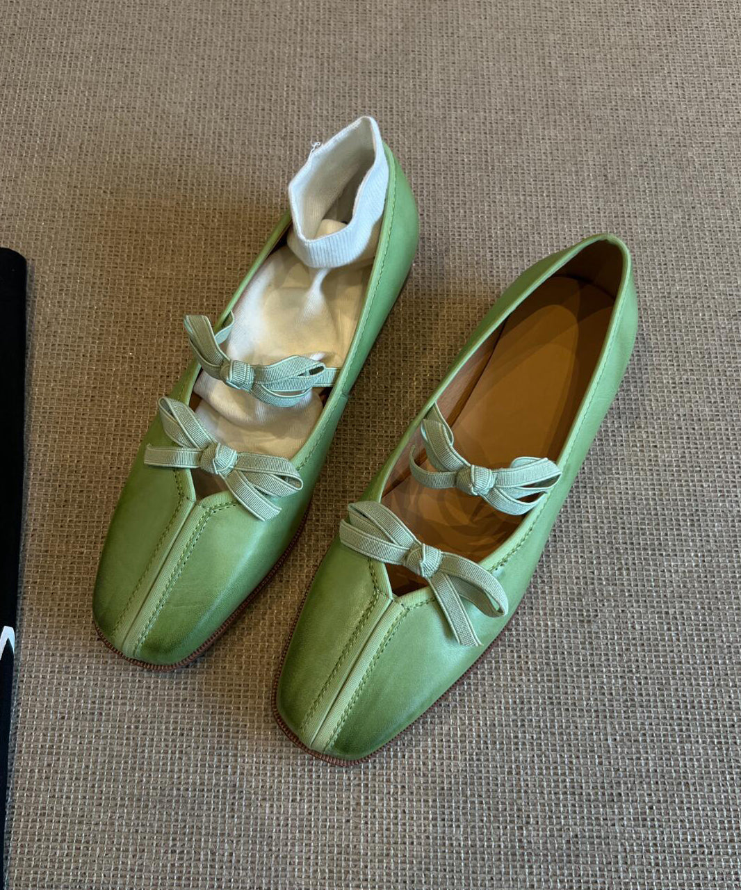 Aiertu  Fine Bow Splicing Comfy Flats Green Sheepskin Aiertu