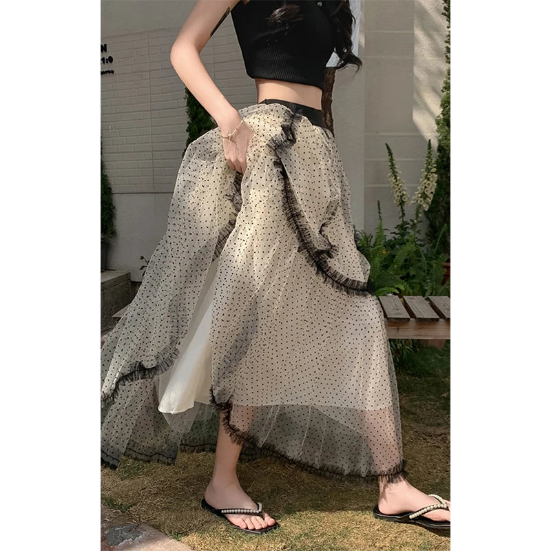 Aiertu  -  Elegant Tulle Midi Skirt Women Vintage Polka Dots Mesh Skirts Summer Ladies Korean Lace Print Patchwork A Line Faldas New Aiertu