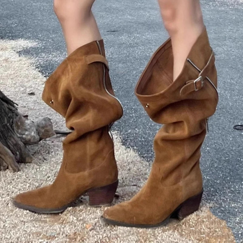 Aiertu  -  Designer Pointed Toe Western Cowboy Boots Women Chunky Heel Retro Belt Buckle Knight Boots Fashion Mujer Luxury Long Botas New Aiertu