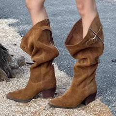 Aiertu  -  Designer Pointed Toe Western Cowboy Boots Women Chunky Heel Retro Belt Buckle Knight Boots Fashion Mujer Luxury Long Botas New Aiertu