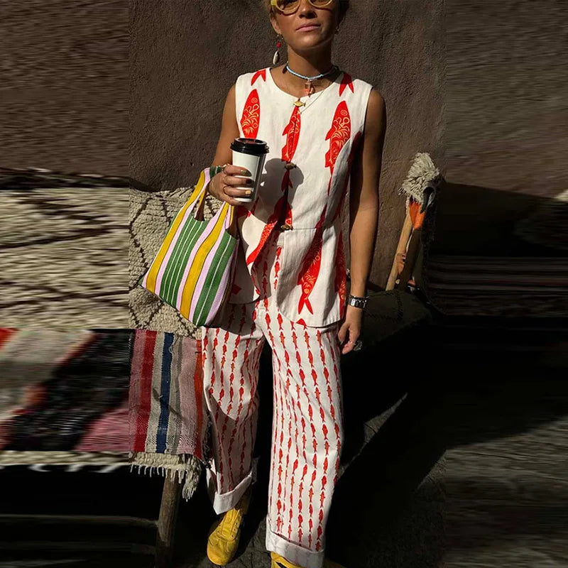 Aiertu    -  Fashion Women's Printed Vest Trouser Suits Sleeveless O-Neck Button Straight Pants Lady Sets 2025 Summer 2 Pieces Set Women Aiertu