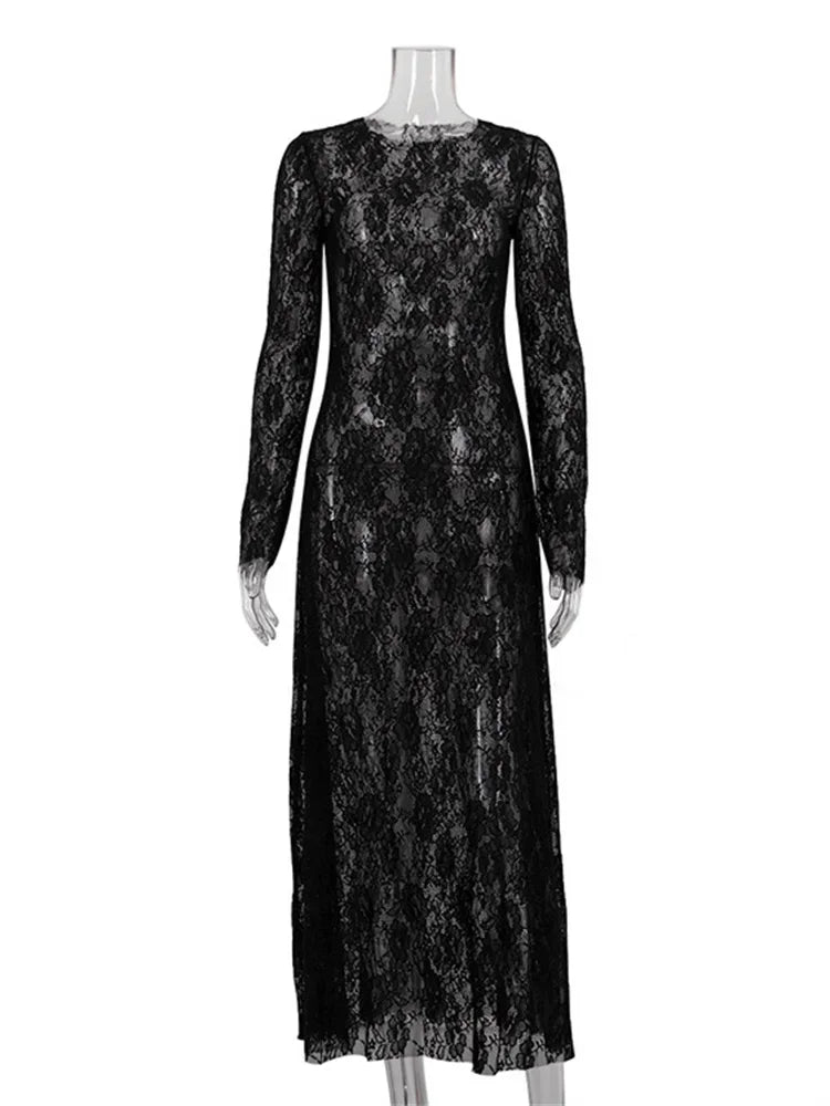 Aiertu  -   Black Lace Printed Long Dress For Women See-Through Hollow Out High Waist Patchwork Sexy Party Dress Women's Summer Dress Aiertu