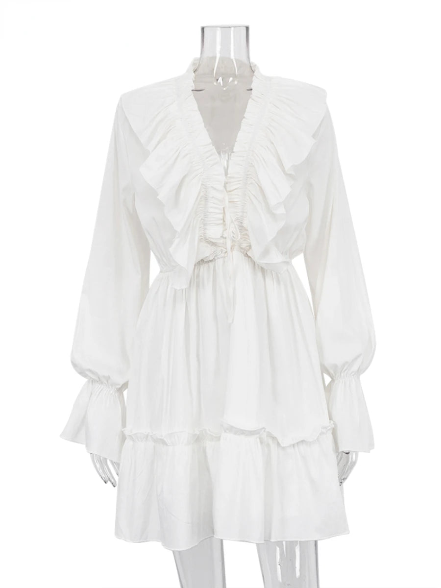 Aiertu  -  Sexy Loose White Dress Ladies Fashion V-Neck Long Sleeve Mini Dress Chic Elegant Ruffle High Waist Dresses For Women Aiertu