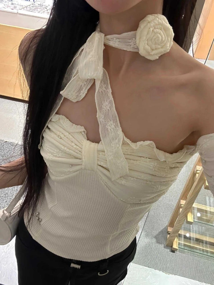 Aiertu  -  Sexy Modern Style Cross Draped Design Spliced Lace Shirts Korean Office Lady Slash Neck Elegant Tops Y2k with Scarf Streetwear Aiertu
