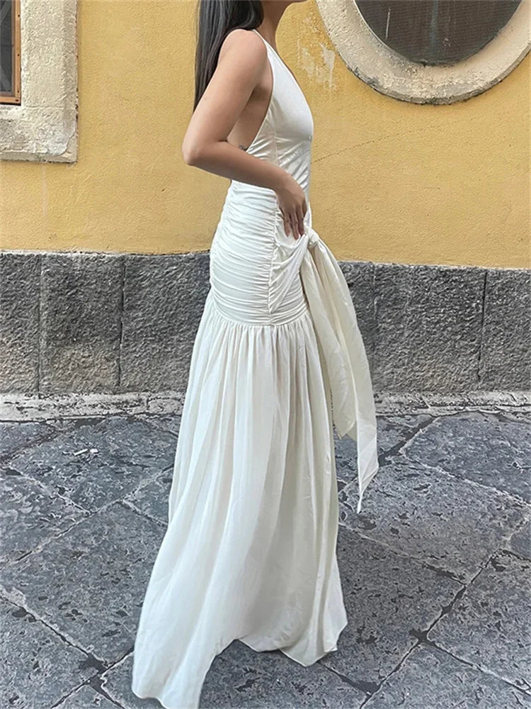 Aiertu  -  V-Neck Backless Lace-Up Long Dress Women's Ruffled Patchwork Sexy Bandage High Waist Solid Dress Ladies Autumn Maxi Dress Aiertu