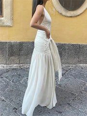 Aiertu  -  V-Neck Backless Lace-Up Long Dress Women's Ruffled Patchwork Sexy Bandage High Waist Solid Dress Ladies Autumn Maxi Dress Aiertu