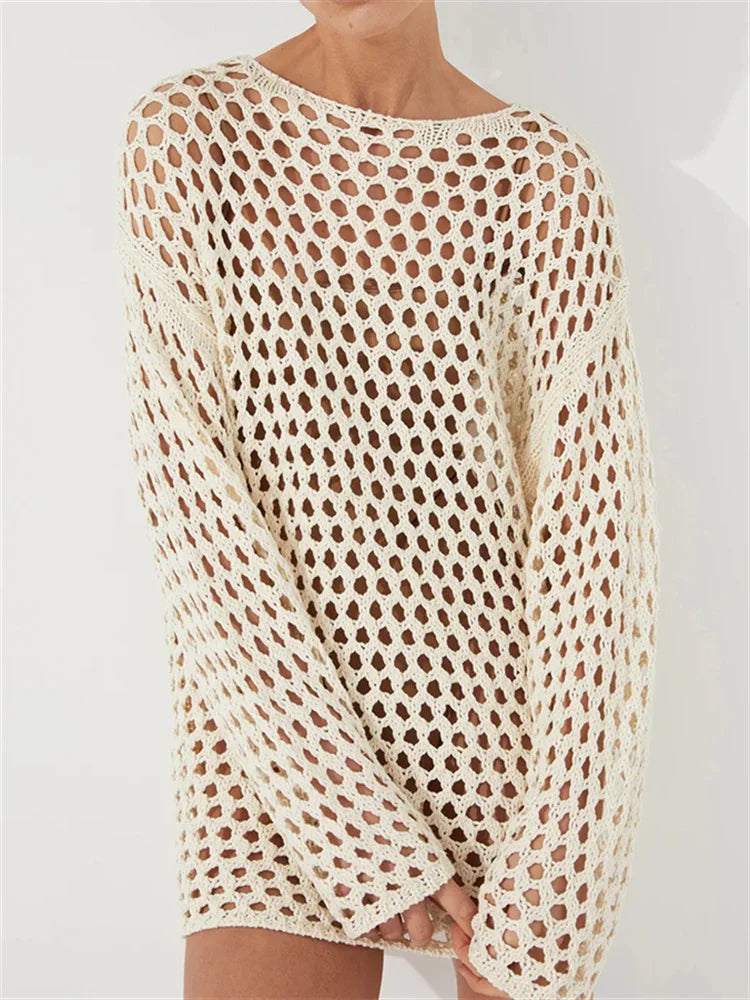Aiertu  -  Sexy Hollow Out Knit Cover Up Dress For Women See-Through Loose Beach Holiday Mini Dress Summer Splice Knitwear Cover up Aiertu