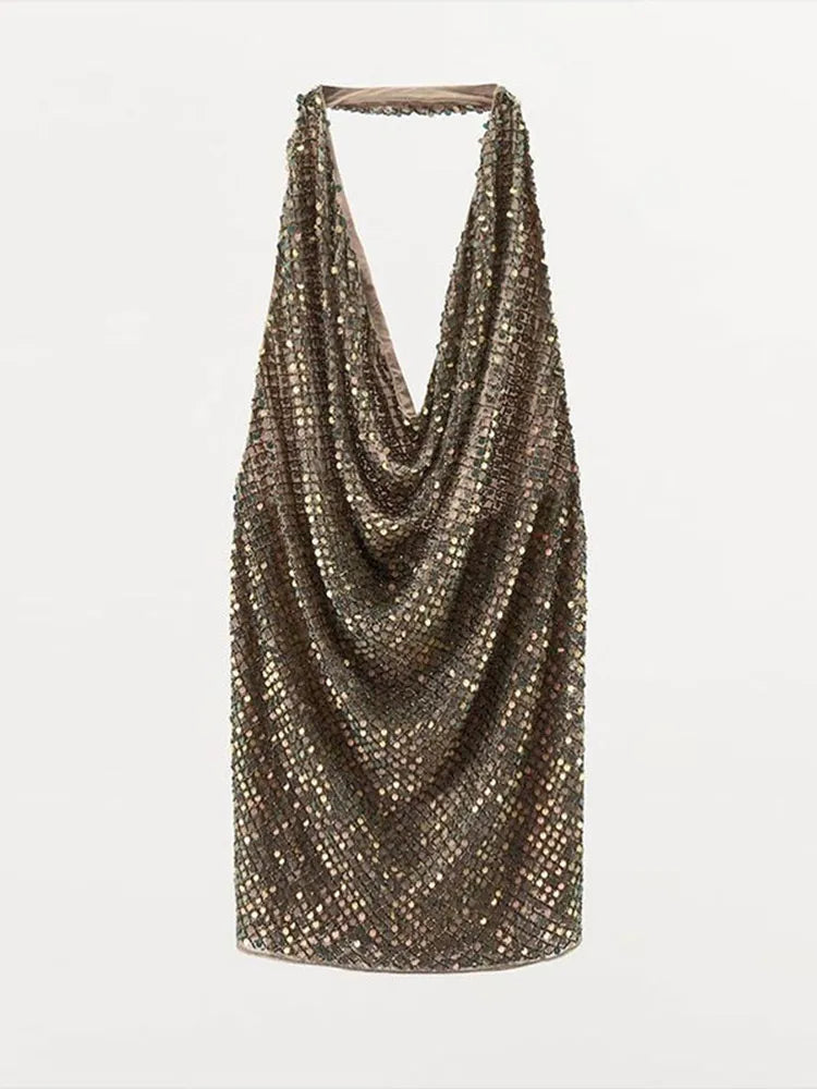 Aiertu  -  Sexy Halter Backless Shining Glitter Party Dress Off Shoulder Sleeveless Dangling Neck Mini Dress Lady Club Evening Vestidos Aiertu