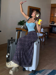 Aiertu  Puss Contrast Patchwork 2 Piece Set Women Sexy See Through Camisole+Plaid Skinny Skirts Vacation Beach Party Elegant Suits Aiertu