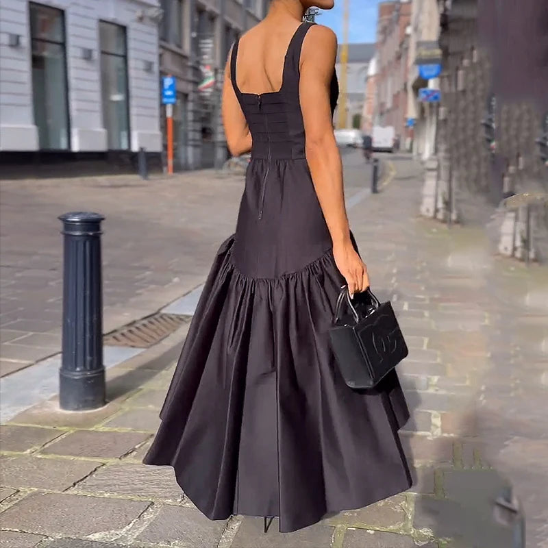 Aiertu  -  Maxi Dress Women Summer Casual Fashion Square Neck Print Suspender Sleeveless Pleated Backless Party Maxi Dresses Aiertu
