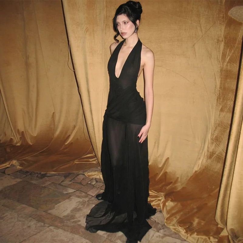 Aiertu  -  Hater Neck Backless Long Dresses See Through Mesh Black Club Dress Women Sexy Summer Clothes 2025 P15-DC35 Aiertu