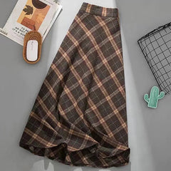 Aiertu Autumn Winter Woolen Skirt Women Korean Style Thick High Waist Long Skirt Woman A Line Pleated Plaid Skirt Female Aiertu
